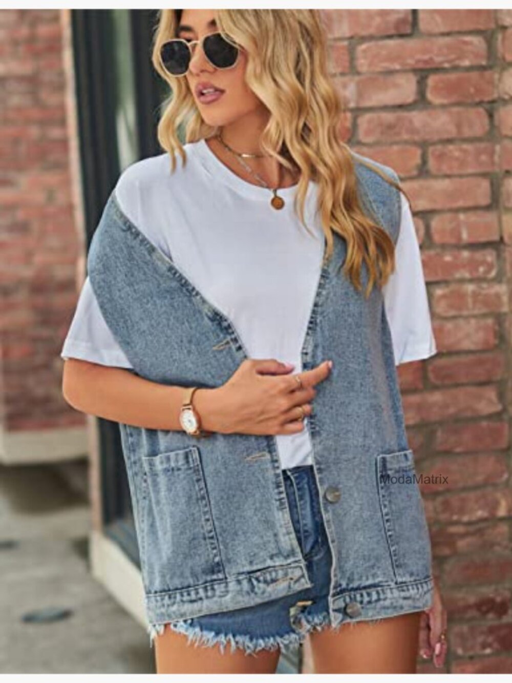 Oversized Sleeveless Denim Vest Button Down Jean Jacket - Picture 3 of 7